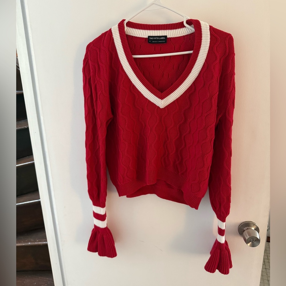 The Fifth Label Red and White V-Neck Sweater